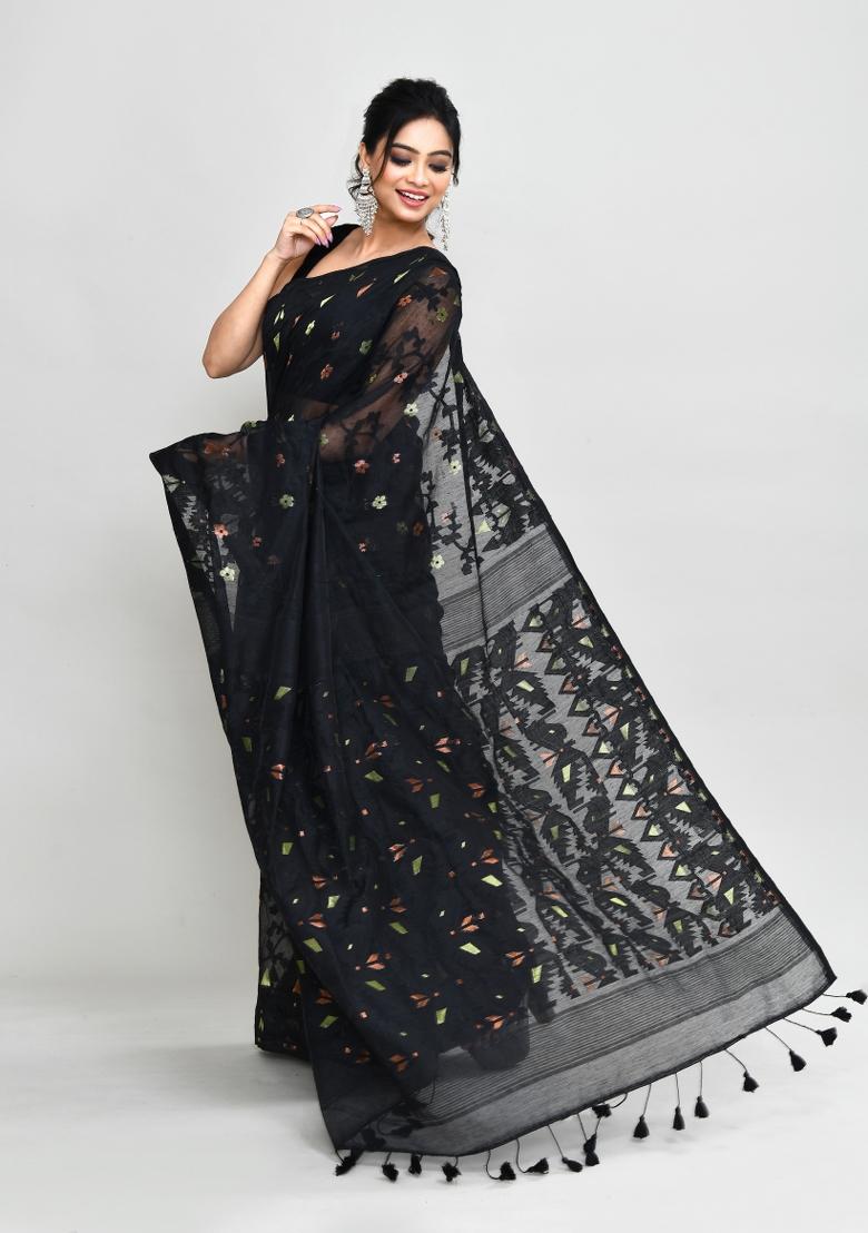 Black Jamdani Cotton Blend Saree Set