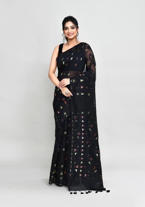 Black Jamdani Cotton Blend Saree Set