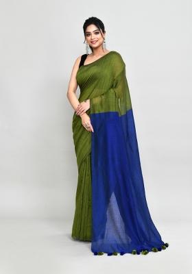 Moss Green Solid Cotton Saree Set