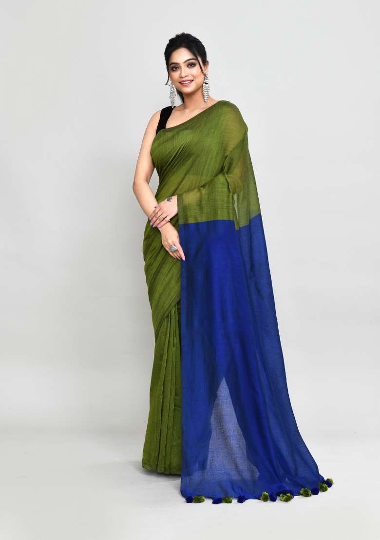 Moss Green Solid Cotton Saree Set for Diwali and Festive Wear - Indya