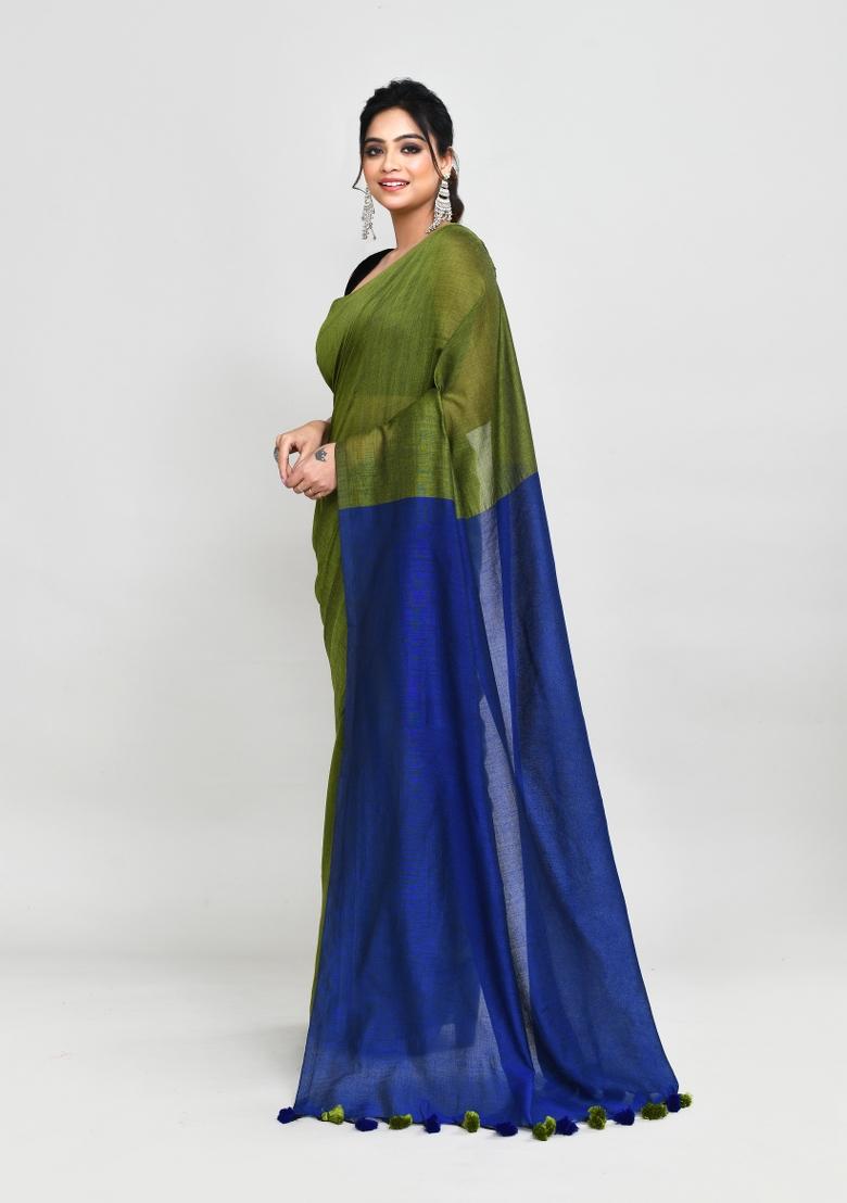 Moss Green Solid Cotton Saree Set