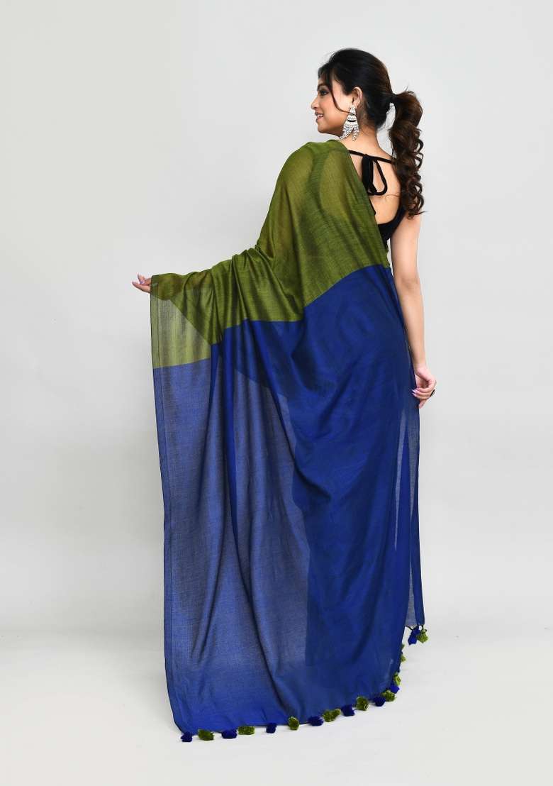 Moss Green Solid Cotton Saree Set for Diwali and Festive Wear - Indya