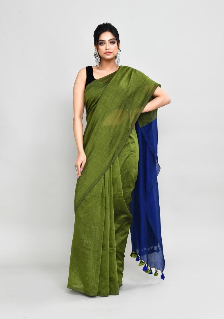 Moss Green Solid Cotton Saree Set
