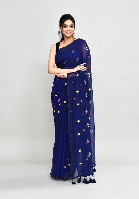 Blue Embroidery Cotton Saree Set