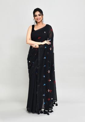 Black Embroidery Cotton Saree Set