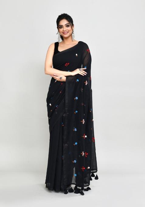 Black Embroidery Cotton Saree Set