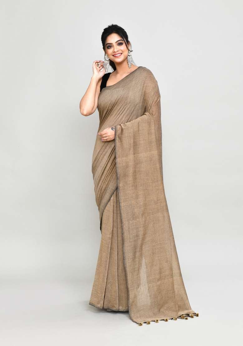 Beige Solid Cotton Saree Set for Diwali and Festive Wear - Indya
