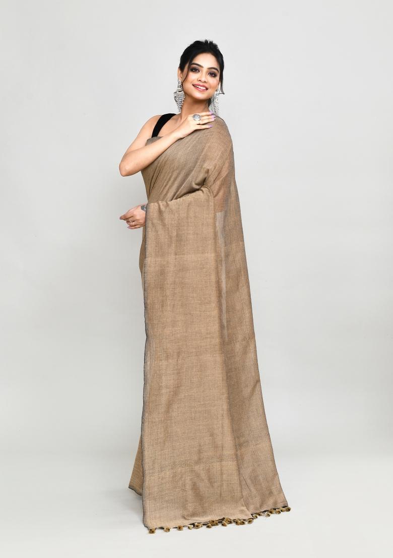 Beige Solid Cotton Saree Set