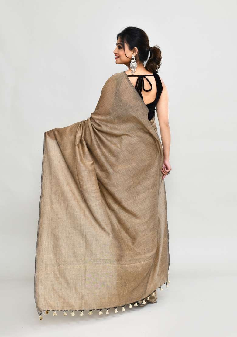 Beige Solid Cotton Saree Set for Diwali and Festive Wear - Indya