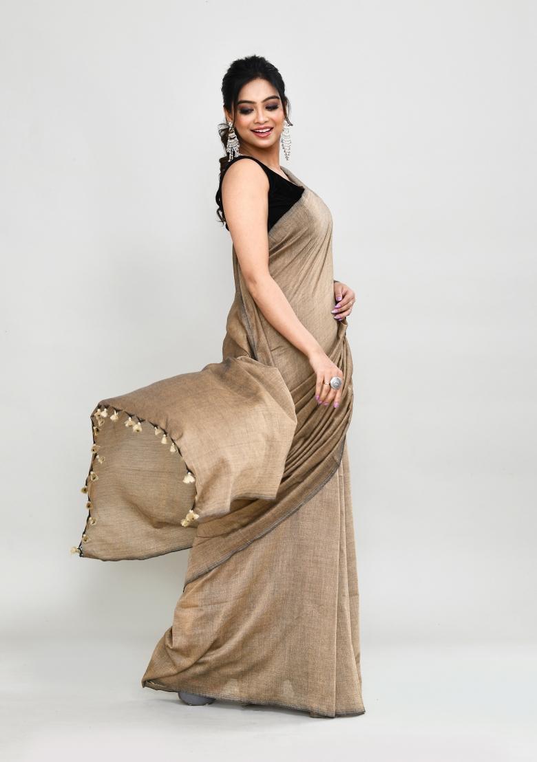 Beige Solid Cotton Saree Set