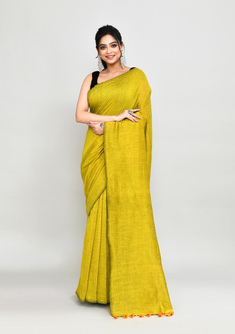 Lemon Yellow Solid Cotton Saree Set