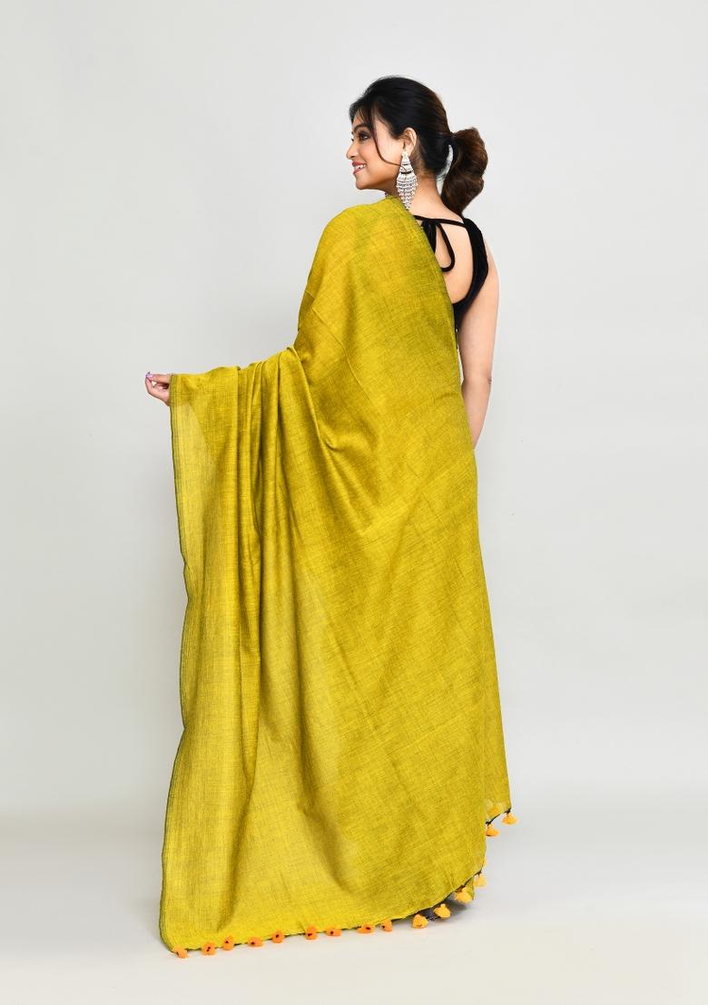 Lemon Yellow Solid Cotton Saree Set
