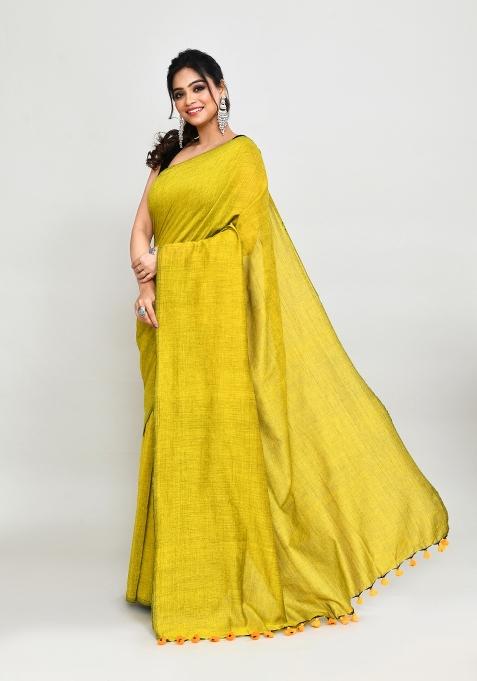 Lemon Yellow Solid Cotton Saree Set
