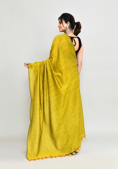 Lemon Yellow Solid Cotton Saree Set