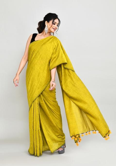 Lemon Yellow Solid Cotton Saree Set