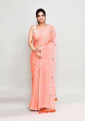 Salmon Orange Embroidery Cotton Saree Set