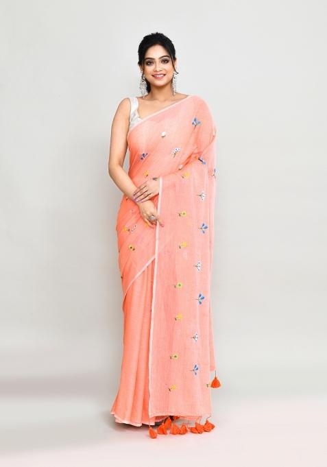 Salmon Orange Embroidery Cotton Saree Set