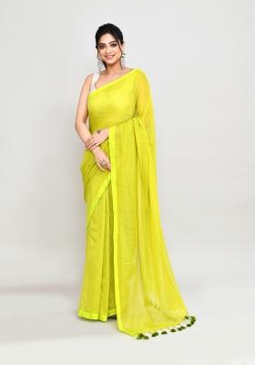 Lime Green Solid Cotton Saree Set