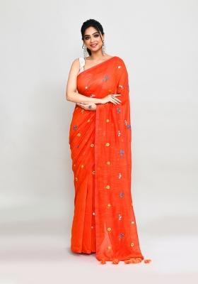 Orange Red Embroidery Cotton Saree Set
