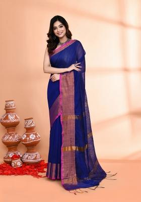 Royel Blue Hand Embroidered Cotton Blend Saree Set