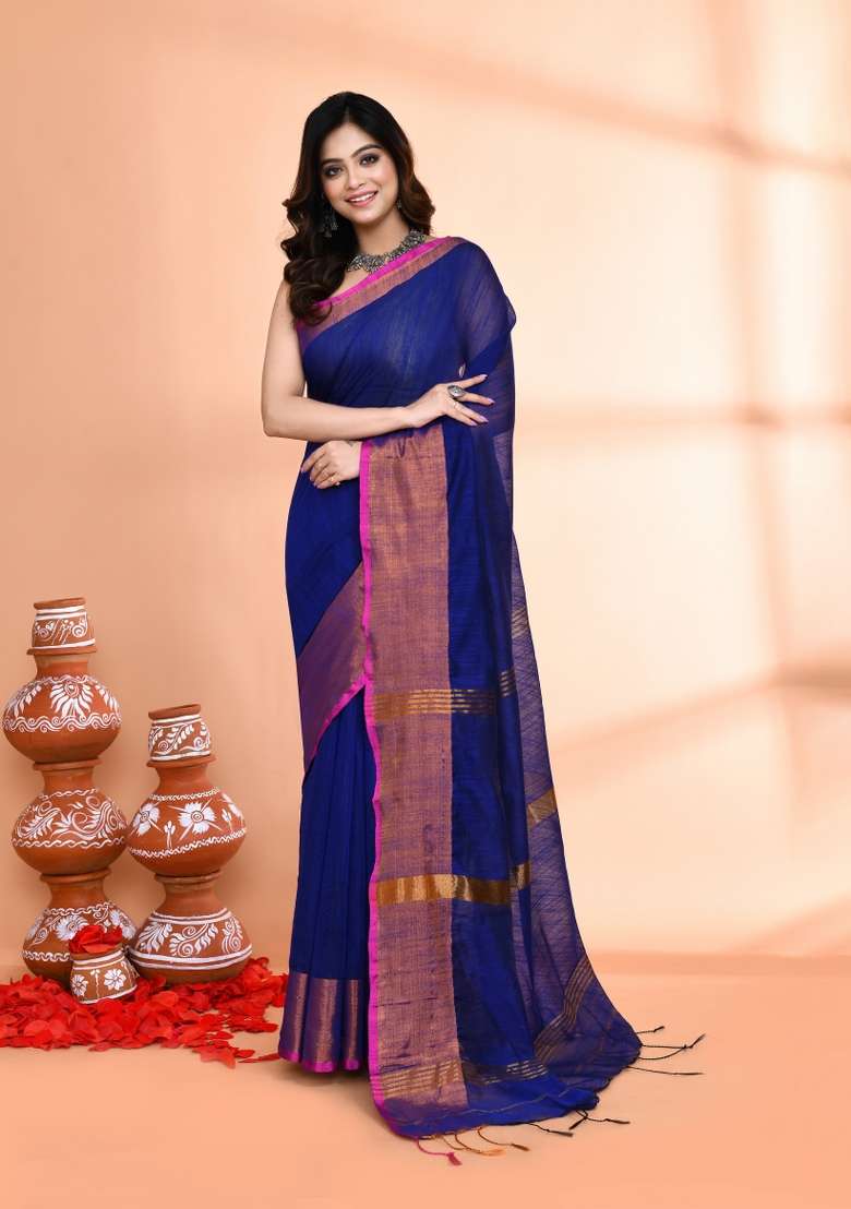Royel Blue Hand Embroidered Cotton Blend Saree Set for Diwali and Festive Wear - Indya