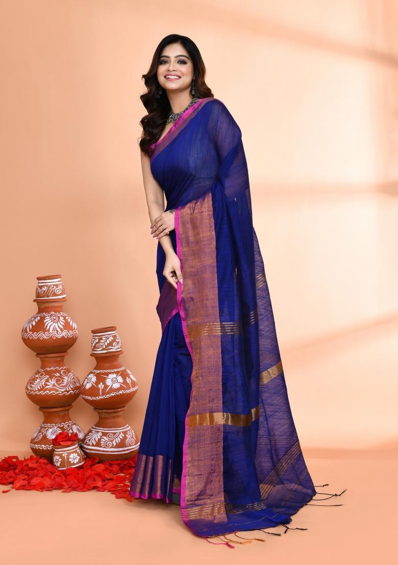 Royel Blue Hand Embroidered Cotton Blend Saree Set