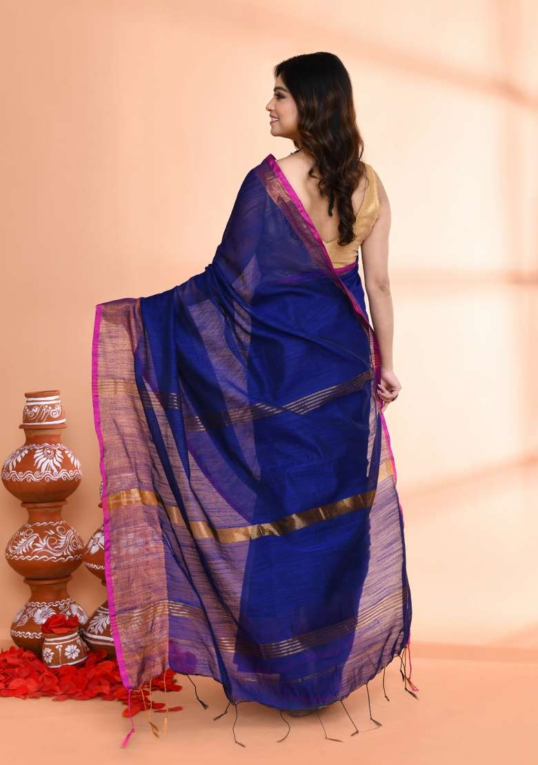 Royel Blue Hand Embroidered Cotton Blend Saree Set for Diwali and Festive Wear - Indya