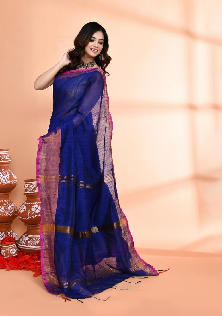 Royel Blue Hand Embroidered Cotton Blend Saree Set