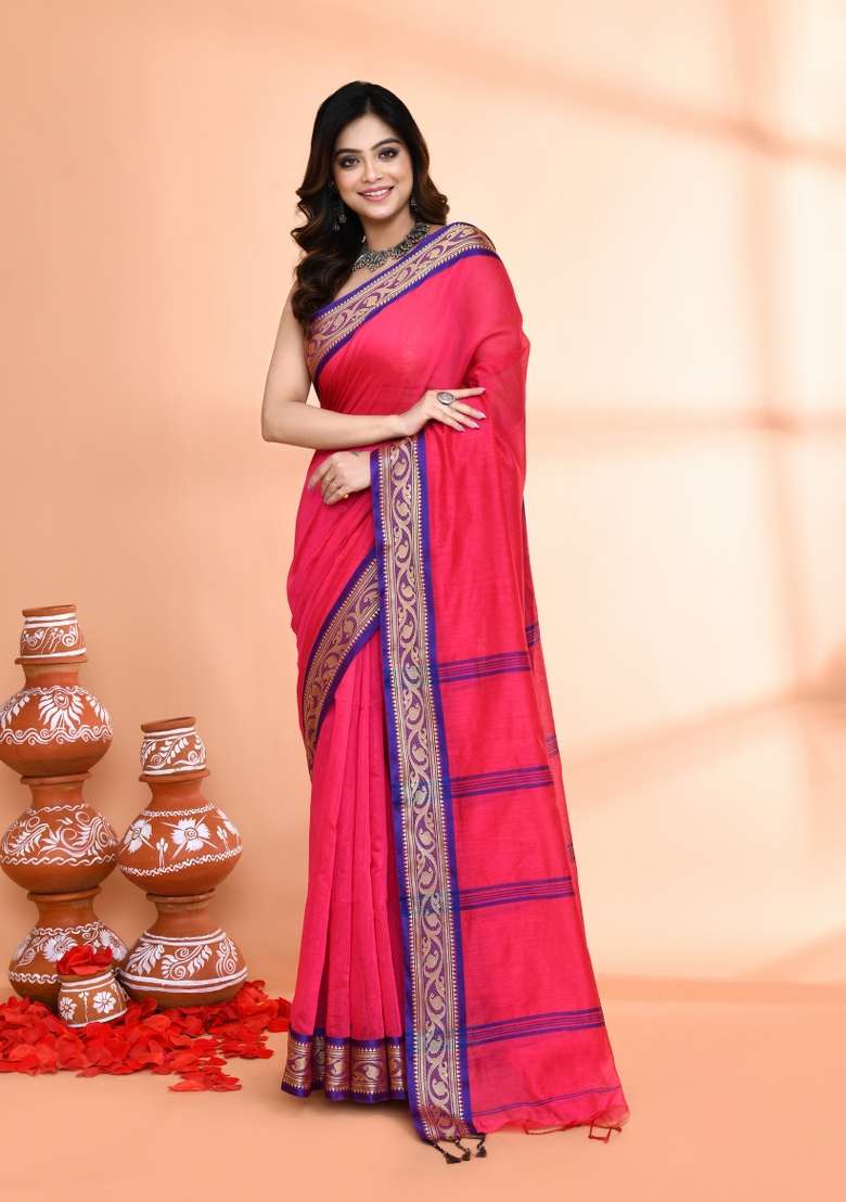 Rose Pink Hand Embroidered Cotton Blend Saree Set for Diwali and Festive Wear - Indya