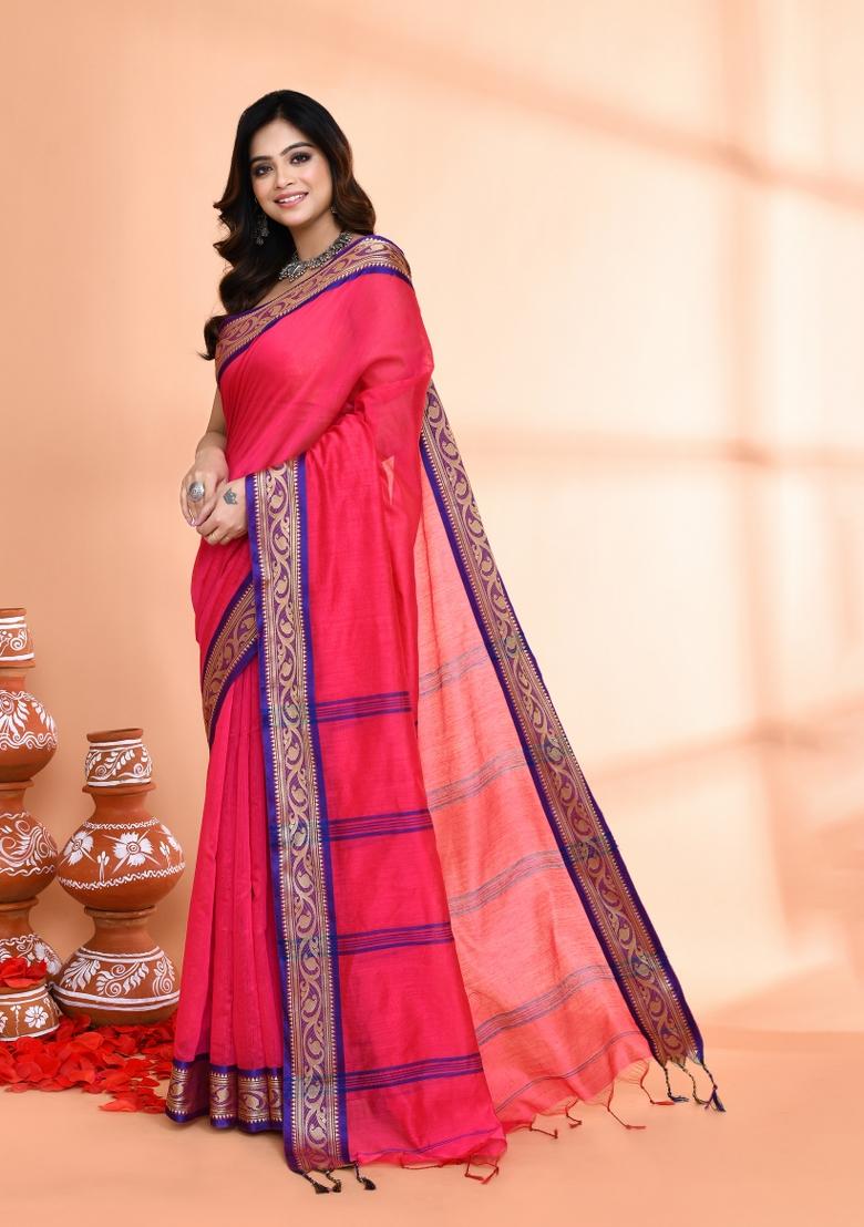 Rose Pink Hand Embroidered Cotton Blend Saree Set