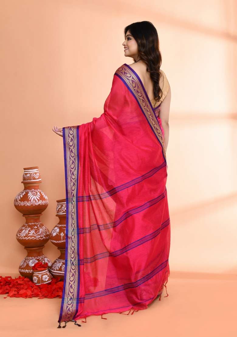 Rose Pink Hand Embroidered Cotton Blend Saree Set for Diwali and Festive Wear - Indya