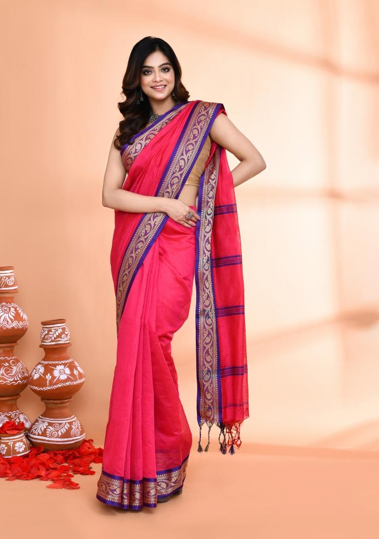 Rose Pink Hand Embroidered Cotton Blend Saree Set