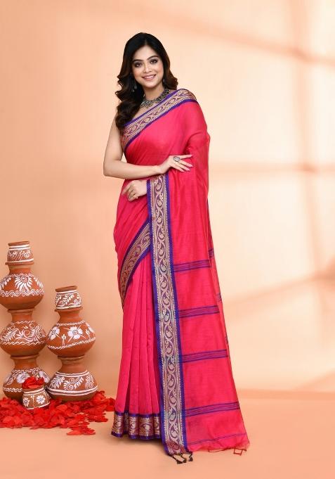 Rose Pink Hand Embroidered Cotton Blend Saree Set