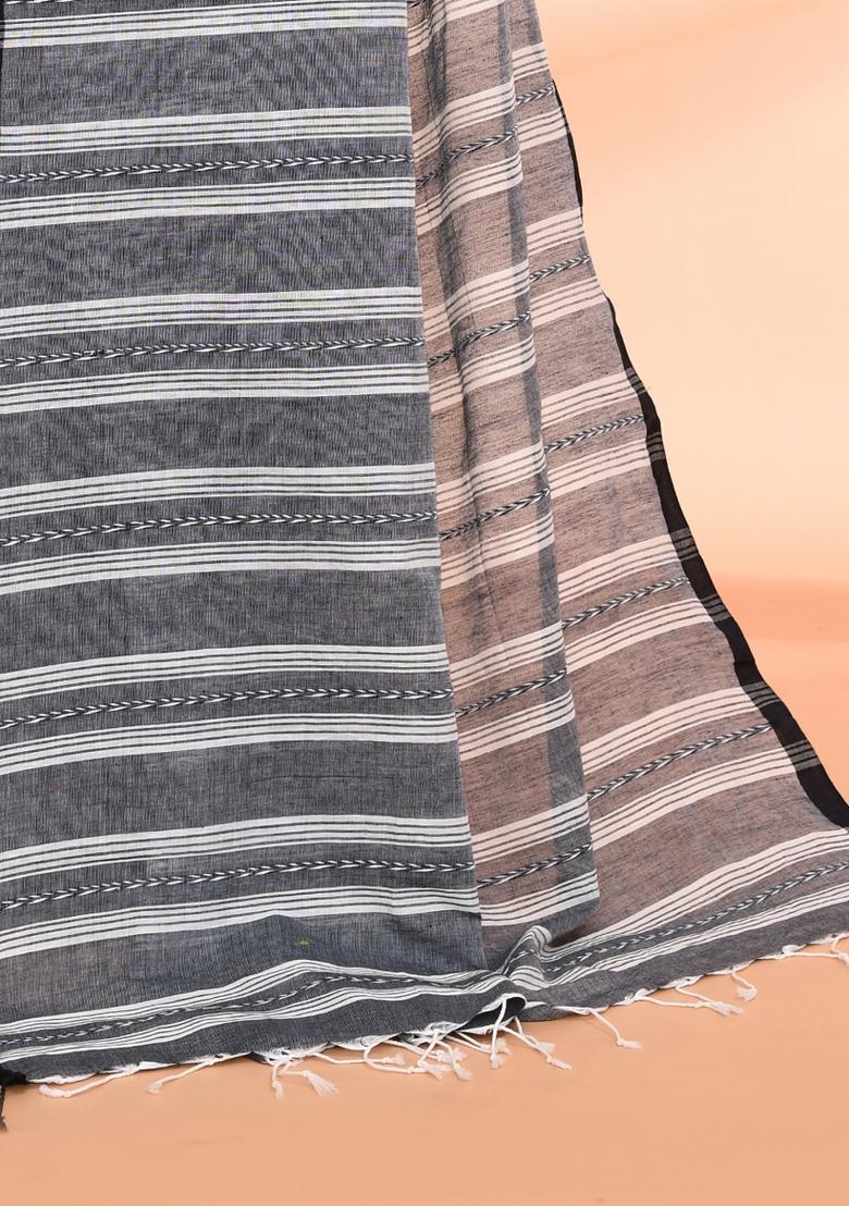 Grey Hand Embroidered Cotton Saree Set