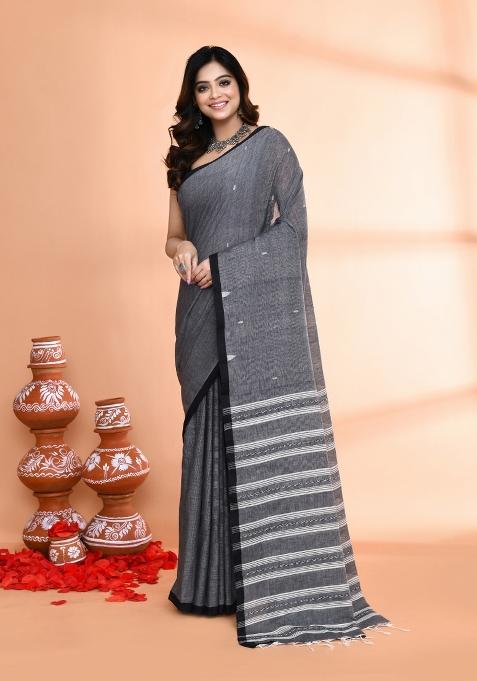 Grey Hand Embroidered Cotton Saree Set