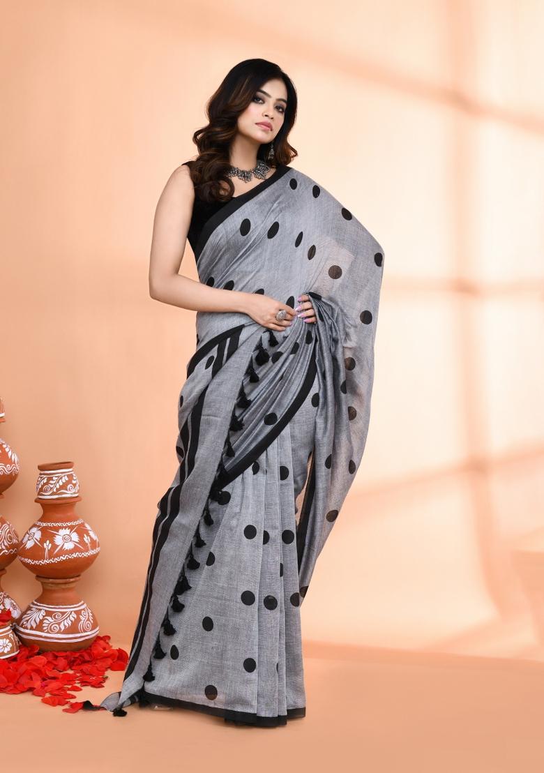 Silver Printed Cotton Saree Set