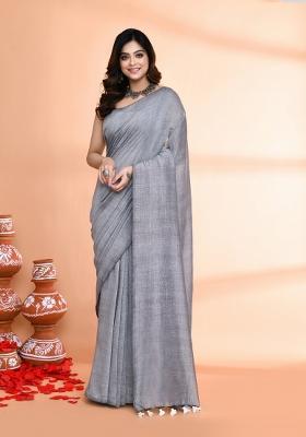 Silver Solid Cotton Saree Set