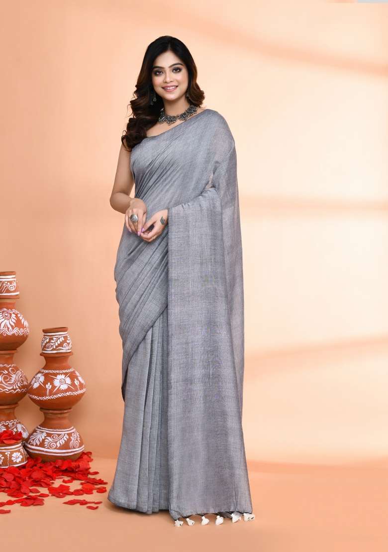 Silver Solid Cotton Saree Set for Diwali and Festive Wear - Indya