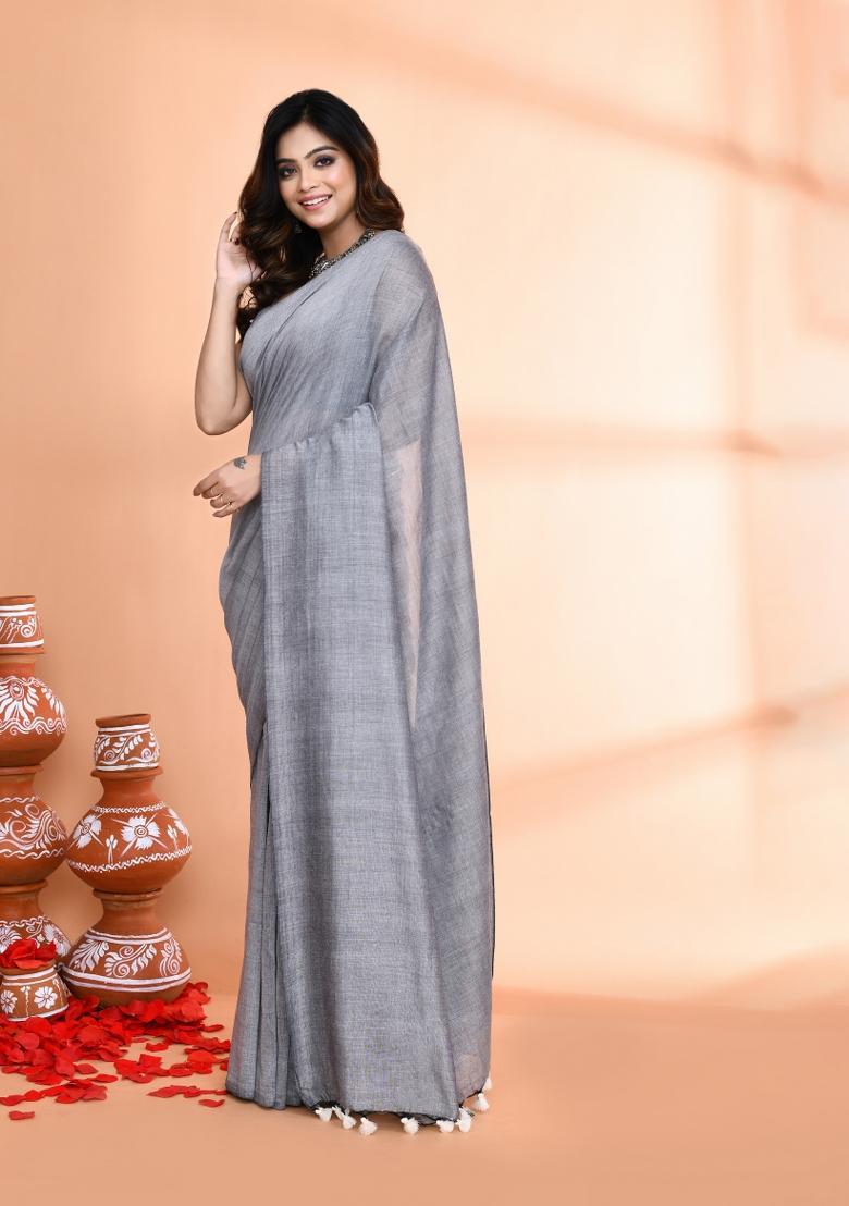 Silver Solid Cotton Saree Set