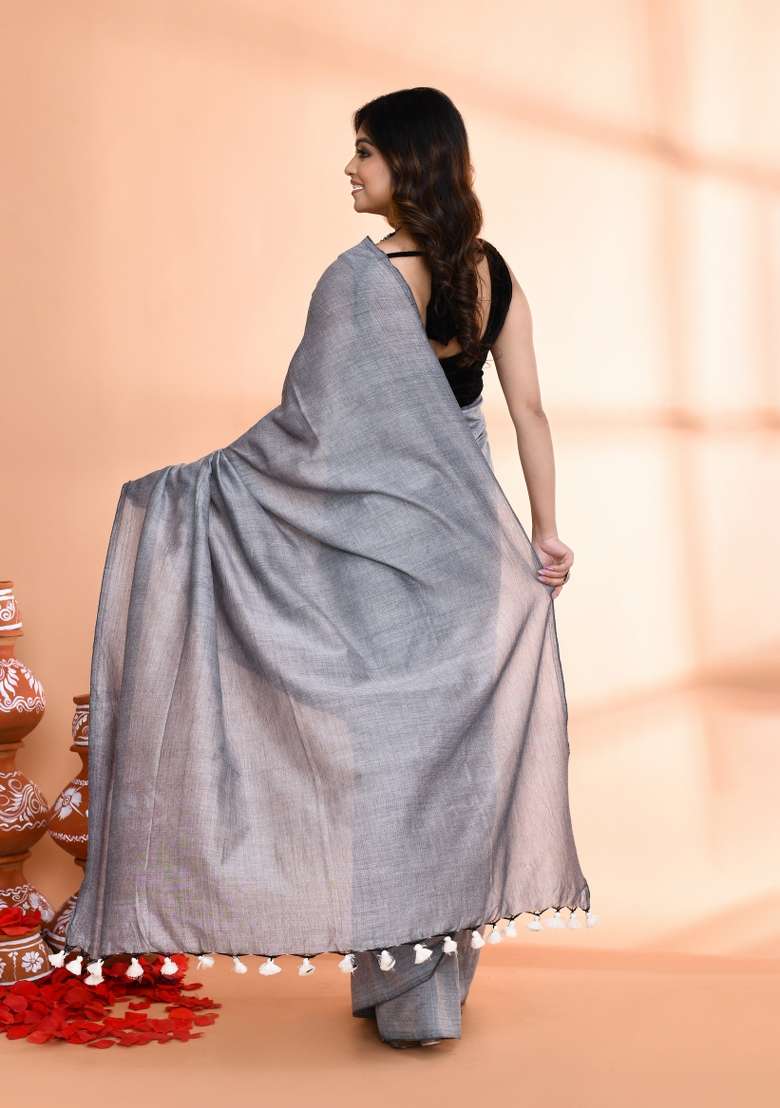 Silver Solid Cotton Saree Set for Diwali and Festive Wear - Indya