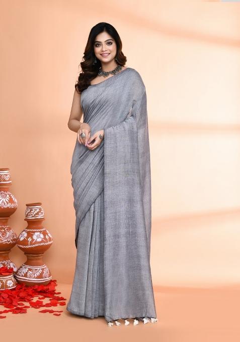 Silver Solid Cotton Saree Set