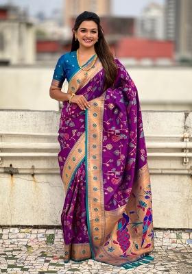 Blue Zari Woven Silk Blend Saree Set