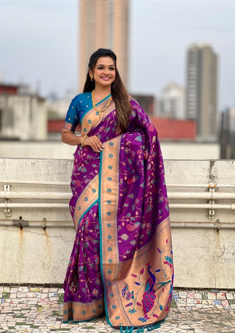 Blue Zari Woven Silk Blend Saree Set