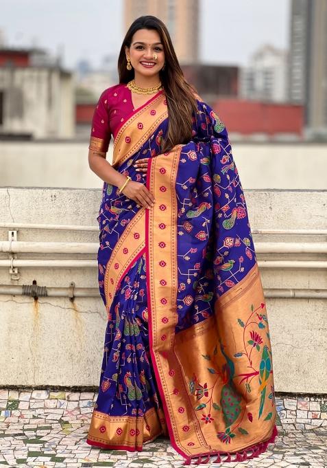 Pink Zari Woven Silk Blend Saree Set