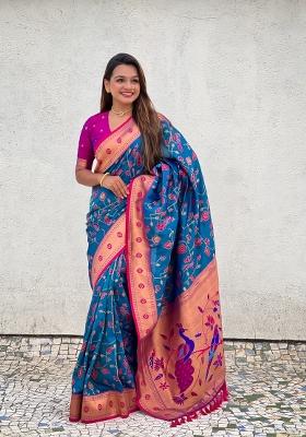 Purple Zari Woven Silk Blend Saree Set