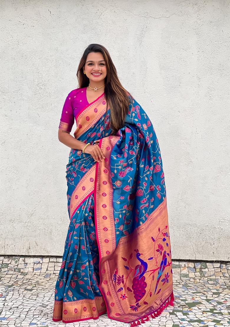 Purple Zari Woven Silk Blend Saree Set