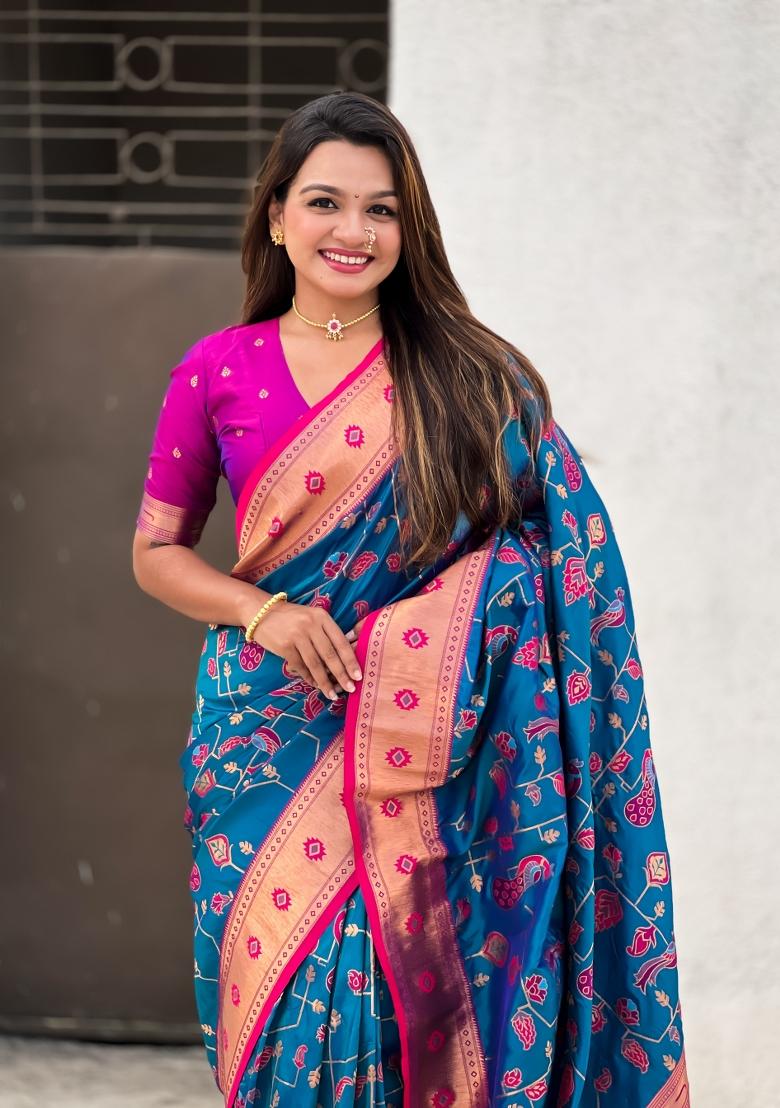 Purple Zari Woven Silk Blend Saree Set