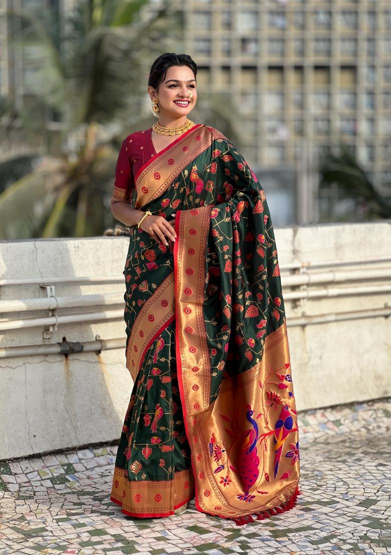 Red Zari Woven Silk Blend Saree Set