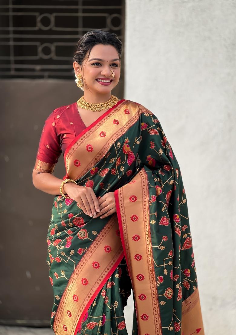 Red Zari Woven Silk Blend Saree Set