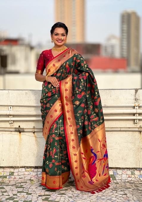 Red Zari Woven Silk Blend Saree Set
